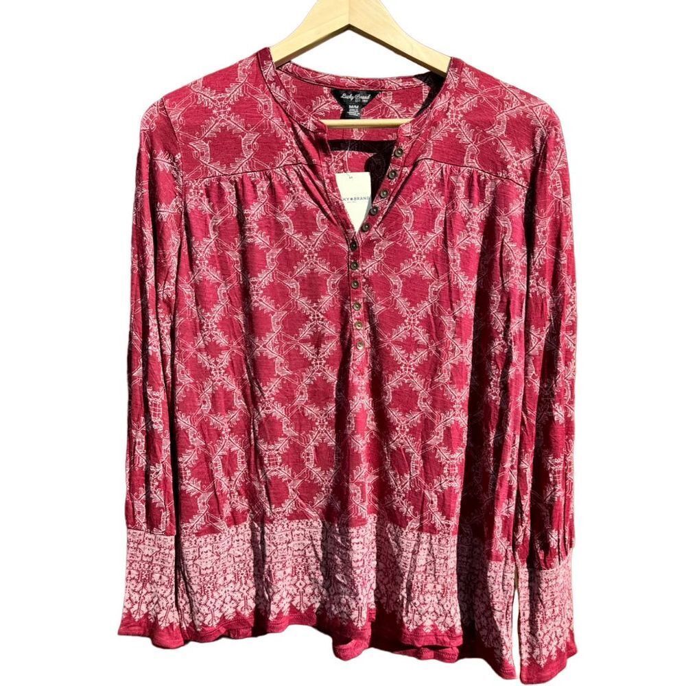 Lucky‎ Brand Women’s Red Burgundy Floral Long Sleeve V-Neck Tunic Blouse Size M